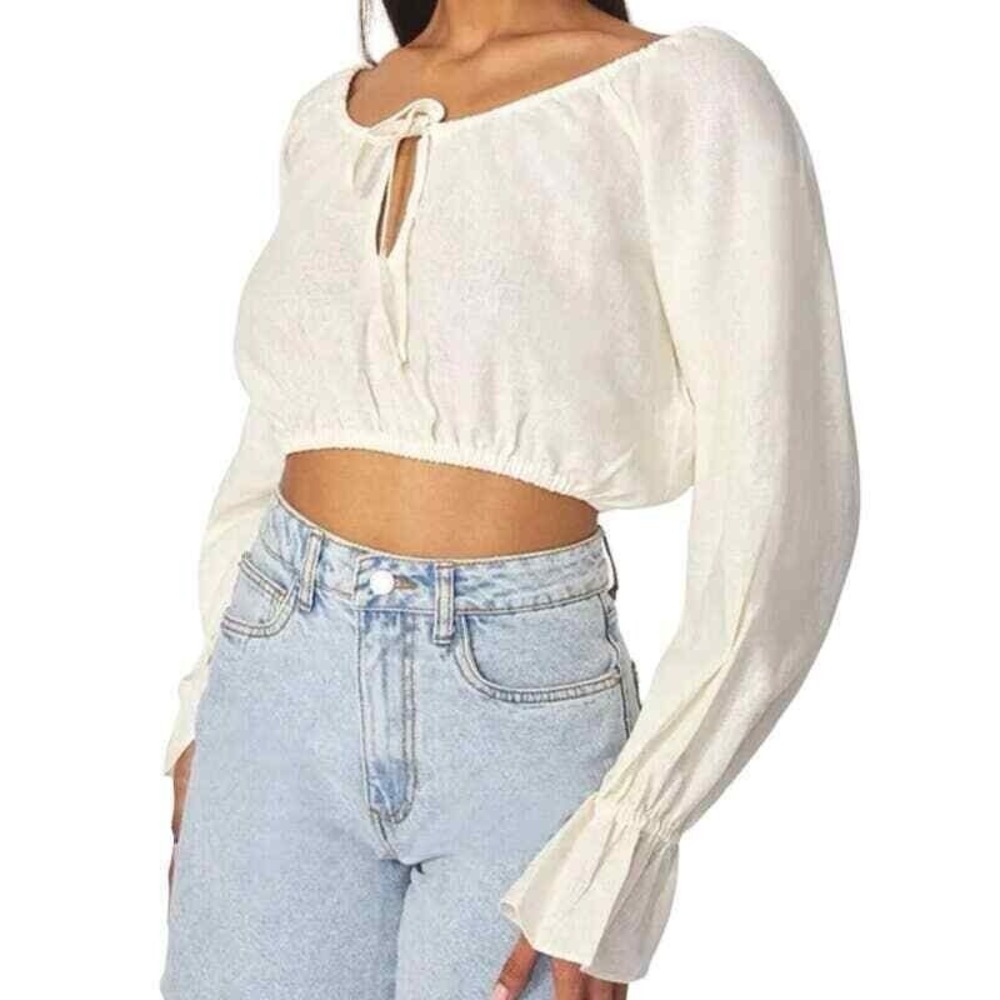 NWT WeWoreWhat On/Off Shoulder Top Tie Front Linen Blend, White, Sz XS | $49